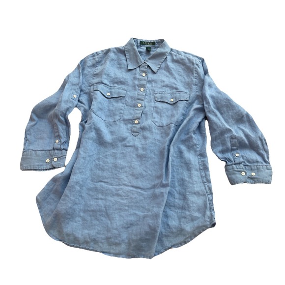 Lauren Ralph Lauren Tops - Lauren Ralph Lauren Linen Top Women's L  Blue Half Button-Up Long Sleeve